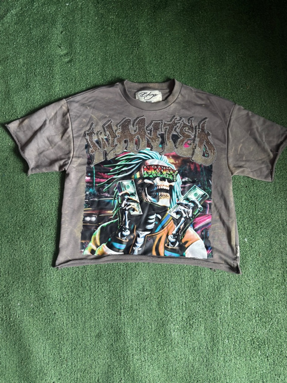 Graphic Skeleton Money Tee with Neon Accents
